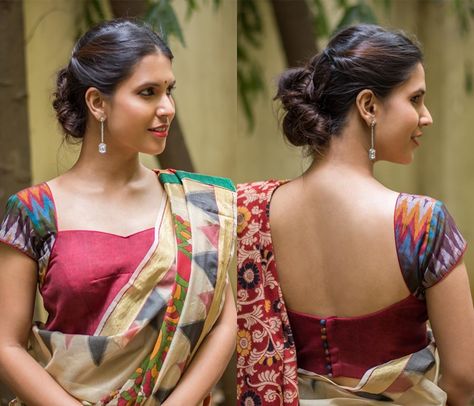 ikat blouse designs Kalamkari Blouse Designs, Ikat Blouse Designs, Ikkat Blouse, Indian Blouse Designs, Ikat Blouse, Keep Me Stylish, Kalamkari Blouse, Cotton Saree Blouse Designs, Cotton Blouse Design