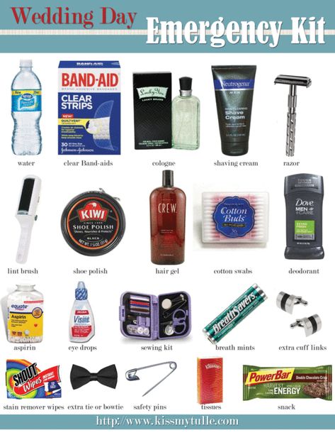 A Wedding Day Emergency Kit Checklist (for the Men): http://su.pr/4J2bU7 Emergency Kit Checklist, Wedding Day Emergency Kit, Bride Emergency Kit, Wedding Survival Kits, Diy First Aid Kit, Wedding Emergency Kit, Wedding Day Checklist, Bride Friend, Wedding Gifts For Bride And Groom