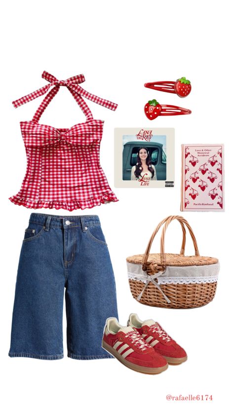 #fashion #outfit #strawberry #strawberrygirl #gingham #red #jorts #samba #lanadelrey Strawberry Shortcake Outfits, Strawberry Outfit, Gingham Outfit, Sewing Patterns Free Women, Strawberry Girl, 90s Inspired Outfits, 70s Outfits, Korean Casual Outfits