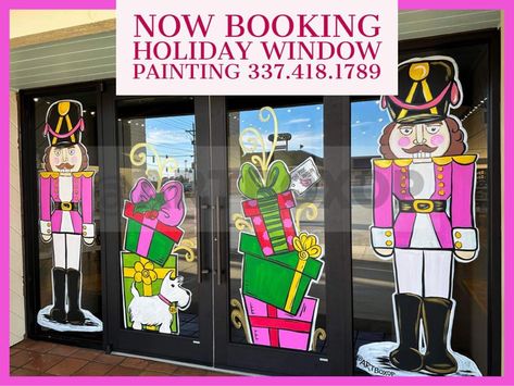 Best Christmas Window Displays, Christmas Business Window Painting, Christmas Window Display Paint, Christmas Glass Door Painting Ideas, Seasonal Window Painting, Christmas Window Mural, Elf Window Painting, Nutcracker Window Painting, Christmas Window Art Ideas Diy