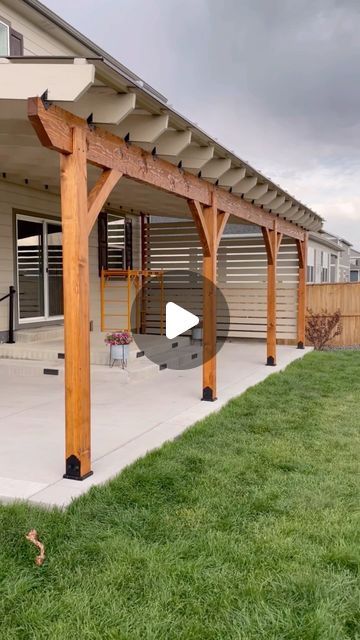 Sequoia Custom Builders on Instagram: "Another pergola 🌿🔥  .  @cover_your_pergola  #pergola #patio #carpentry #beamwork #architecture #backyard #denver  #sequoiacustombuilders @kellyb213 #colorado #bouldercolorado #denver #coveryourpergola" Pergola Roof Design, Front Patio With Pergola, Backyard Patio Overhang, Pergola Built Off House, Pergola Not Attached To House, Backyard With Covered Patio, Covered Backyard Ideas, Sloped Roof Pergola, Verander Design