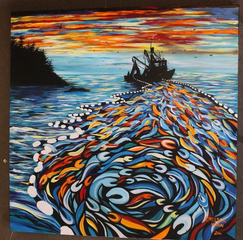 "Seining at Sunset"  http://www.facebook.com/ChelseaHornArt  Museum Grade Giclee Prints Available at http://www.etsy.com/shop/ChelseaHornArt Alaska Artwork, Fishing Alaska, Alaska Painting, Alaska Salmon Fishing, Alaskan Artist, Alaska Art, Commercial Fishing, Alaska Fishing, Wild Salmon