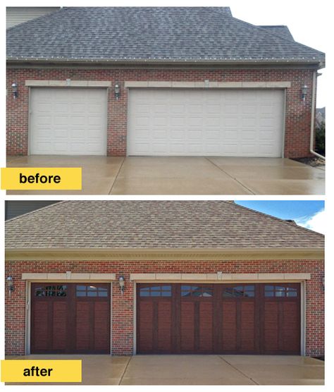 This homeowner replaced traditional raised panel steel doors with a more architecturally interesting steel garage door design -Clopay's Canyon Ridge Collection Ultra-Grain Series. The warm stain finish on these faux wood carriage house style garage doors brings the subtle tones in the red brick exterior to life. We also like the choice of arched windows to open up the space. clopaydoor.com Brown Garage Door, Faux Wood Garage Door, Garage Door Colors, Red Brick Exteriors, Mansion Homes, Wooden Garage Doors, Modern Garage Doors, Garage Door Types, Steel Garage Doors