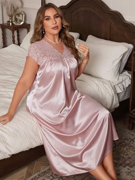 Size Lace trimmed Bowknot Nightgown Women V - Temu Nighties For Women Wedding Night, Night Gown Aesthetic, Sleepwear Women Nightwear, Sparkle Dresses, Homewear Dress, Gown Aesthetic, Night Wear Dress, Beautiful Nightgown, Pregnant Lady