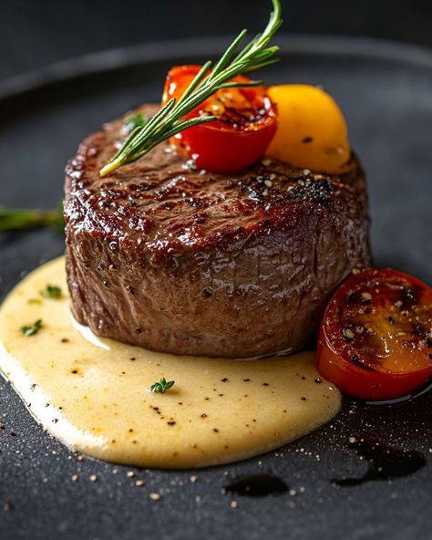 🧀🥩 Filet Mignon à la Sauce Crémeuse au Parmesan 🧀🥩 "Indulge in the ultimate steak experience with this tender filet mignon, topped with a rich, creamy Parmesan sauce. Perfect for a special occasion or a luxurious dinner at home." 🥄 Ingredients 🥄 For the Filet Mignon: - 4 filet mignon steaks (about 6 oz each) - 2 tbsp olive oil - Salt and black pepper, to taste - 2 tbsp unsalted butter - 2 cloves garlic, smashed - 2 sprigs fresh thyme For the Parmesan Cream Sauce: - 2 tbsp unsalted... Filet Mignon Plating, Filet Steak Recipes, High End Restaurant Food, Luxury Dinner Food, Filet Mignon Sides, Fancy Food Recipes, Steak Aesthetic, Dinner Fancy, Luxurious Dinner