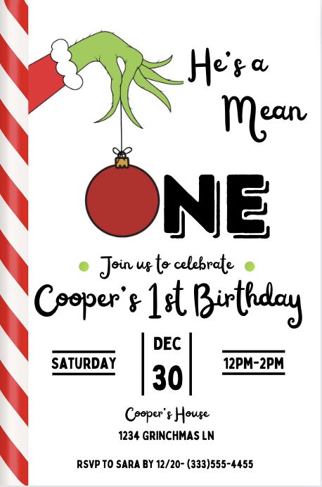 Celebrate your little ones birthday with this perfect invitation. Completly editable for you needs. Christmas Baby Birthday, Grinch Birthday, 1st Birthday Boy Themes, Invitation First Birthday, First Birthday Boy, Boys First Birthday Party Ideas, Boys 1st Birthday Party Ideas, Boy Birthday Party Themes, 1st Birthday Party Decorations