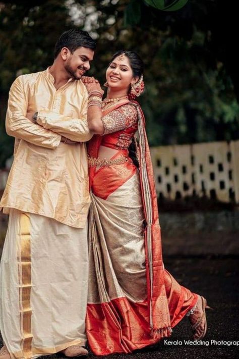 Kerala Wedding Couple Poses, Maharashtrian Wedding Couple Poses, Marriage Poses Indian, Temple Couple Poses, Couple Stills, Marriage Photoshoot, Marriage Poses, Makeover Studio, Indian Bride Photography Poses