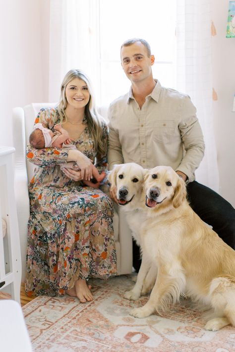 Charlotte Newborn Session for Baby Girl with Two Dogs at Home Newborn Family Photos At Home With Dog, Family Photos At Home, Dogs At Home, Hygge Design, Editorial Branding, Newborn Family Photos, Newborn Baby Photoshoot, Baby Pic, Two Dogs