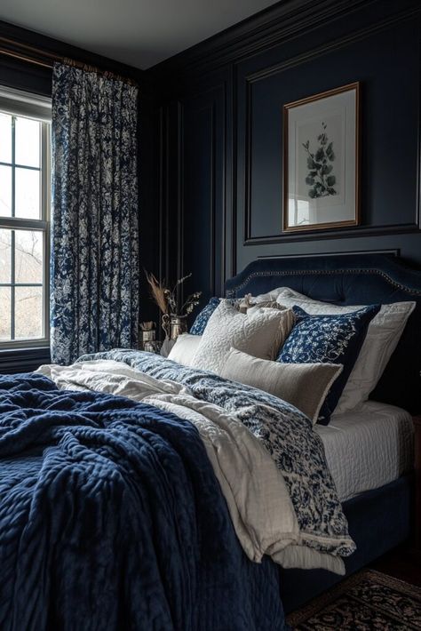 Luxe Navy Boho Refuge Dark Blue Bedding Aesthetic, Navy Blue Vintage Bedroom, Blue Dark Academia Bedroom, Moody Blue Bedroom Ideas, Dark Blue Bedroom Ideas Colour Schemes, Blue Moody Bedroom, Bedroom Ideas Dark Blue, Dark Blue Bedroom Aesthetic, Navy Blue Boho Bedroom