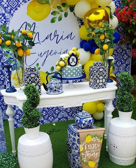 Blue And White Lemon Decor, Capri Lemon Decor, Blue Tile Lemon Theme Party, Capri Decoration, Clase Azul Theme Party, Italian Lemon Baby Shower Theme, Amalfi Bridal Shower Theme, Talavera Birthday Party, Talavera Party Decoration