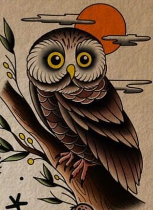 Trad Owl Tattoo, Traditional Owl Tattoo Design, American Traditional Owl Tattoo, Owl Traditional Tattoo, Old School Owl Tattoo, Traditional Owl Tattoo, Scarecrow Tattoo, Traditional Owl, Traditional Owl Tattoos