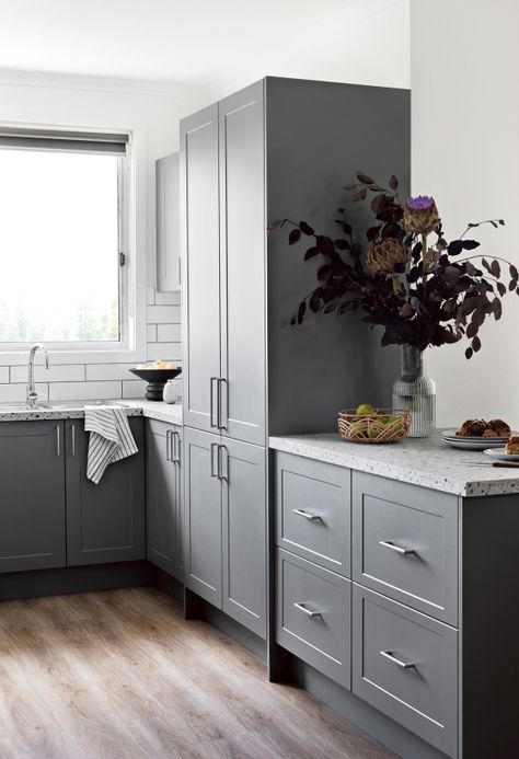 Graceful Grey - kitchen inspiration and ideas | kaboodle kitchen Grey Kitchen Inspiration, Kaboodle Kitchen, Cheap Living Room Decor, Kitchen 2020, Hm Home, Laundry Design, Grey Doors, Kitchen Gallery, Kitchen Room Design