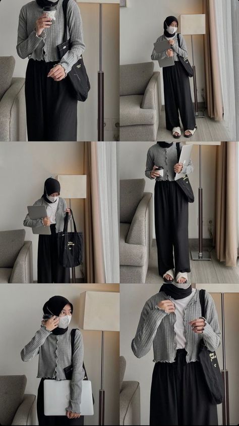 Grey Cardigan Outfit Hijab, Crop Sweater Outfits Hijab, Ootd Cardigan Crop Hijab, Ootd Cardigan Crop, Grey Outfit Hijab, Grey Crop Top Outfit, Outfit Celana Kulot, Outfit Kulot, Morocco Outfits