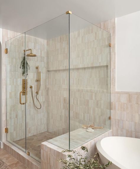 {FEATURE} This is the prettiest bathroom design! My favorite so far from the her show! 😍 That tub and those tiles are so good! I love the black framed door too! So gorgeous! Design: @thechristinahall @winghomeinteriors @christinaandkylie 📷: @mikeradfordphoto . . . Follow along @audreycrispinteriors for more interior design Inspo! . . . . . . . . . . . . #doingneutralright #modernfarmhouse #apartmenttherapy #theeverygirlathome #showemyourstyled #inmydomaine #cljsquad #smmakelifebeautiful #h... Full Bathroom Remodel, Pretty Bathrooms, Attic Bathroom, Bathroom Goals, Bathroom Redesign, Master Bath Remodel, Upstairs Bathrooms, Bathroom Remodel Master, Bath Remodel