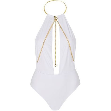 White Chain Plunge Swimsuit by Rare ($54) ❤ liked on Polyvore featuring swimwear, one-piece swimsuits, white, halter top, halter swimsuit tops, halter bathing suit, white one piece swimsuit and plunge swimsuit Gold Bathing Suit, 70s Fashion Disco, Gold One Piece, White One Piece Swimsuit, Halter Top Bathing Suits, Gold Swimsuit, Halter Bathing Suit, Beachy Outfits, Plunge Swimsuit