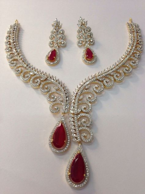 Daimond set Trendy Jewellery, Ruby Set, Motifs Perler, Red Stones, Bridal Diamond Jewellery, Diamond Jewelry Necklace, Modern Accessories, Fancy Jewellery, Ruby Jewelry