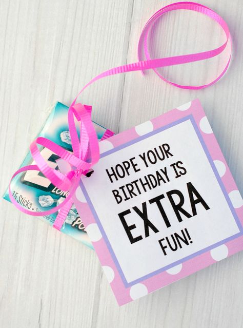 Extra Gum Birthday Tag Birthday Gifts Ideas For Women, Relief Society Birthday Gifts, Candy Bar Sayings, Relief Society Gifts, Gifts Ideas For Women, Diy Candy Bar, Relief Society Birthday, Extra Gum, Boss Birthday Gift