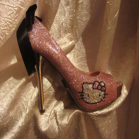 Swarovski & Czech Crystal Hello Kitty Heels HANDMADE by JuJuBlings, $150.00 Hello Kitty High Heels, Hello Kitty Quince, Hello Kitty Heels, Cat Heels, Hello Kitty High, Hello Kitty Boots, Sanrio Shoes, Hello Kitty Things, Hello Kitty Shoes