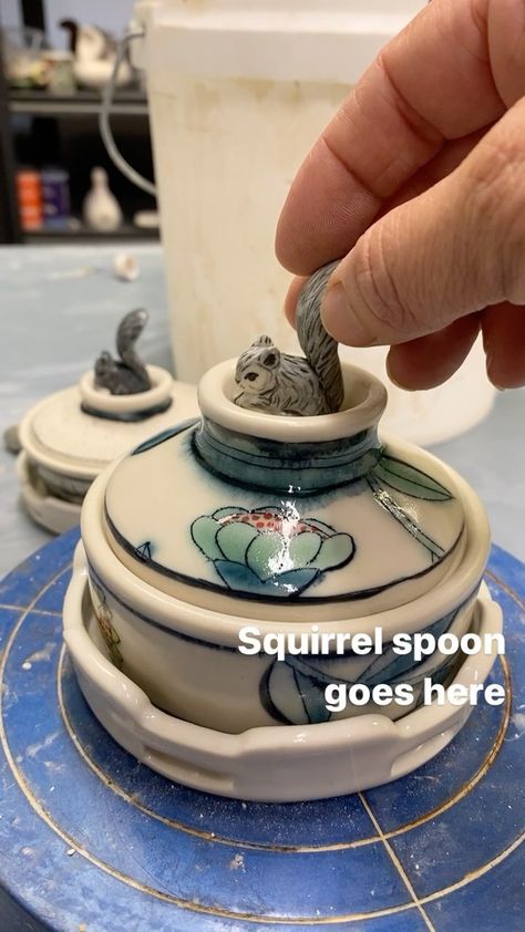 chandradebuse on Instagram: Finishing touches on a salt cellar with squirrel spoon 🙌. Also, this is my first reel. 🎥 Garlic Cellar Ceramic, Salt Cellar With Lid, Salt Cellar Ceramic, Salt Pig Pottery, Salt Pig With Lid, Handmade Ceramic Salt Cellar, Cellar Design, Salt Cellar, Ceramic Gifts