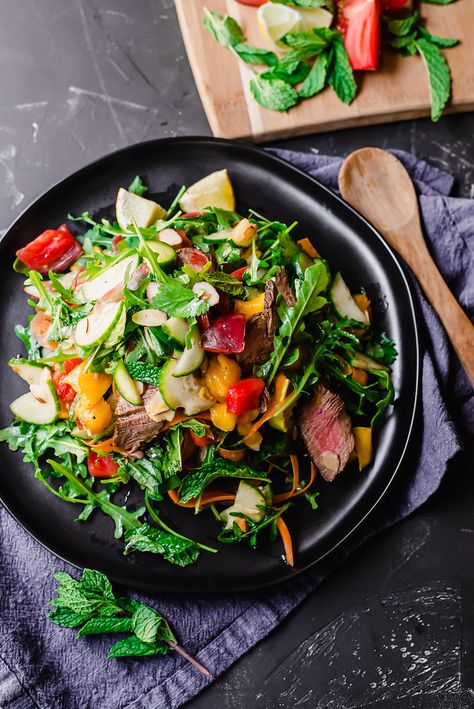 Thai Steak Salad with Mango, Fresh Herbs & Sweet and Sour Vinaigrette Thai Steak Salad, Thai Steak, Salad Sayur, Salad With Mango, Chili Lime Dressing, Thai Beef Salad, Beef Salad, Steak Salad, Mango Salad