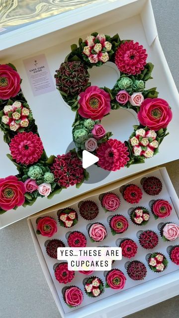 Custom Floral Cupcakes & Workshops on Instagram: "🌸 E I G H T E E N 🌸 Celebrated in cupcake form  Monogram cupcake box with matching mini’s, how adorable 🥰   DM for order enquiries (South Australia only) 🌸 Price list in highlights  #adelaidebaker #monogrambox #digitaldownload #digitaldownloads #boxletters #floralcupcakes #cupcakeboxes #buttercreamflorals #edibleart #cupcakebox #monogramboxes #monogramboxesforthewin #monogramboxesuk #monogramboxesau #monogramboxesus #buttercreamflowers #thecupcakefloristry #monogramcake #lettercakes #monogramcupcakes #boucakes #trendingcakes #reelsinstagram #monogramcake #monogramcupcakebox #cupcakeletters #lettercupcakes" 80 Cupcake Cake, 18th Birthday Cupcakes Ideas, Number Cupcakes, 30th Birthday Cupcakes, Sweet 16 Cupcakes, Monogram Cupcakes, Black And White Cupcakes, Cupcake Flowers, Succulent Cupcakes