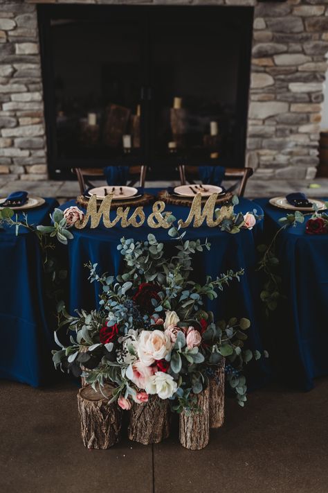 Venue: The Sycamore Winery Photography: Fearless Arrow Photography Blue Bride And Groom Table, Navy Blue Sweetheart Table, Burgandy And Gold Wedding, Navy Burgundy Wedding, Winery Photography, Midnight Blue Wedding, Wine Red Wedding, Brides Table, Navy Gold Wedding