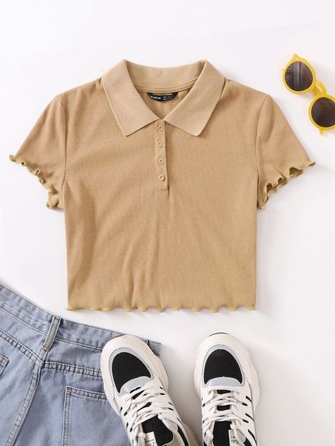 Free Returns ✓ Free Shipping On Orders $49+ ✓. SHEIN Lettuce Trim Polo Collar Crop Tee- Women T-Shirts at SHEIN. Trim Top, Women T Shirts, Shein Style, Crop Tshirt, Polo Collar, Crop Tee, Lettuce, Fashion News, Womens Tees