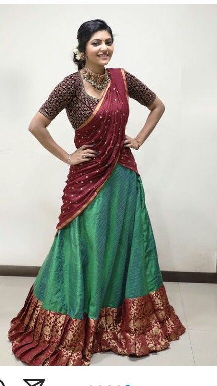 Gree with brown Long Skirt Top Designs, Athulya Ravi, Hairstyles For Indian Wedding, Indian Dress Up, Long Skirt And Top, Saree Hairstyles, Saree Draping Styles, Indian Outfits Lehenga, Saree Blouse Patterns