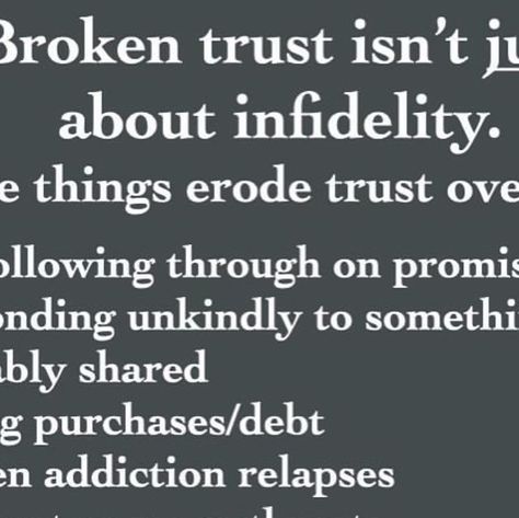 Emily H. Sanders, LMFT on Instagram: "Trust has a lot to do with emotional safety, and is maintained by more than feeling confident that your partner won’t cheat on you. Trust can be chipped away slowly by repeat offenses like the kinds listed above.   ✅ Trust is BUILT and nurtured by: • words and behavior aligning  • consistency that allows you to know what you can expect • being respectful of you and your resources (time, energy, physical property, etc) • showing empathy and compassion • demonstrating transparency (information is available to you; no secrecy) • being teachable and taking ownership when wrong  ——   Tomlinson EC, Dineen BR, Lewicki RJ. The road to reconciliation: Antecedents of victim willingness to reconcile following a broken promise. J Manage. 2004;30(2):165–187  Hardin Scared To Trust Again Quotes, Broken Trust Quotation, Emotional Safety, Empathy And Compassion, Broken Trust, Broken Promises, Feeling Confident, Physical Properties, Care Tips