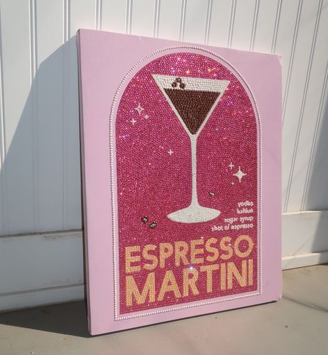 Espresso martini 🍸 kit is available on my website!!!💗⭐️🫶 THIS IS ALSO A 1/1 PRE DONE PIECE AVAILABLE FOR PURCHASE Espresso Martini Drawing, Espresso Martini Painting, Bedazzled Painting, Bedazzled Canvas, Rhinestone Art Diy, Rhinestone Projects, Rhinestone Crafts, Diamond Picture, Cute Canvas Paintings