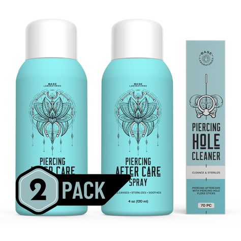 PRICES MAY VARY. ❄️ PIERCING AFTERCARE SPRAY KIT - Base Labs created this 2 pack piercing aftercare spray & Piercing Bump & Keloid Bump Removal Solution kit with ear floss sticks to help your piercings be healthy. Kit contains: 2 x saline solution for piercings (4oz each) & 1 Pack x ear hole cleaner floss. Powered by sea salt, aka saline, this saline solution for piercings kit will do the job and help sanitize and soothe your skin after new piercings. 🌿 2 in 1 Kit - EAR NOSE PIERCING CLEANER KI Saline Solution For Piercings, Cleaning Piercings, Earring Cleaner, Piercing Bump, Saline Solution, How To Clean Earrings, Piercing Kit, Piercing Aftercare, Tattoo Aftercare