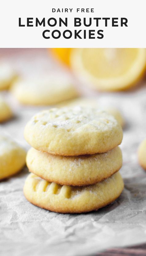 Lemon Butter Cookies | This easy, lemon butter cookies recipe makes the best, melt in your mouth cookies. They’re a dairy free version of an old fashioned buttery, shortbread cookie. They’re perfect for the holidays or any time of year. Top with a sprinkle of powdered sugar for a simple alternative to icing. #dairyfree #christmascookies Lemon Butter Cookies Recipe, Lemon Butter Cookies, Lemon Cookie, Lemon Cookies Recipes, Pie Pops, Dessert Simple, Cookie Dough Recipes, Butter Cookies Recipe, Lemon Cookies