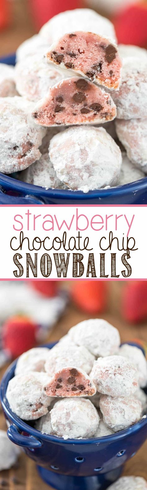 Strawberry Chocolate Chip Snowball Cookies - Crazy for Crust Chocolate Chip Snowball Cookies Recipe, Chocolate Chip Snowballs, Chocolate Chip Snowball Cookies, Russian Tea Cakes Cookies, Strawberry Chocolate Chip, Tea Cake Cookies, Snowball Cookie Recipe, Tea Cakes Recipes, Snowball Cookies