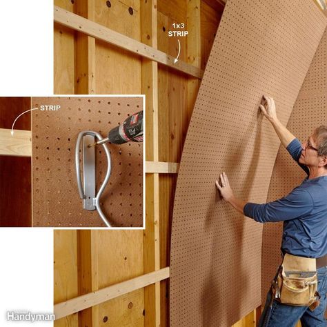 How to Mount Pegboard Walls Hang Pegboard, Ceiling Storage Rack, Pegboard Garage, Casa Hobbit, Pegboard Storage, Overhead Garage Storage, Metal Pegboard, Pegboard Organization, Shed Organization