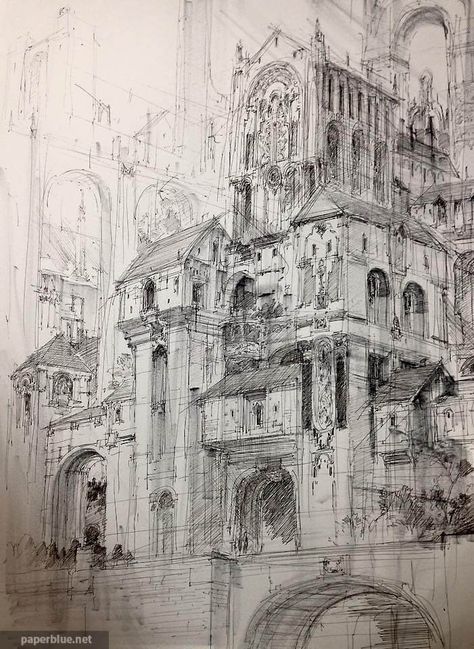 Fantasy Cities by PaperBlue Castle Sketch, Fantasy Cities, Cityscape Drawing, Perspective Drawing Architecture, Landscape Sketch, Architecture Design Sketch, City Drawing, Perspective Art, Architecture Drawing Art