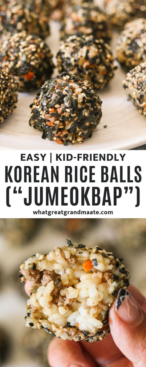 These Korean Rice Balls (Jumeokbap) feature sticky rice balls stuffed with ground bulgogi beef and vegetables, then coated in furikake seasoning. An easy, customizable, and quick snack that the whole family will love! Jumeokbap Recipe, Rice Balls Recipe Easy, Korean Rice Balls, Sweet Rice Balls, Sticky Rice Balls, Gluten Free Dairy Free Dinner, Japenese Food, Beef And Vegetables, Vegetable Pancakes