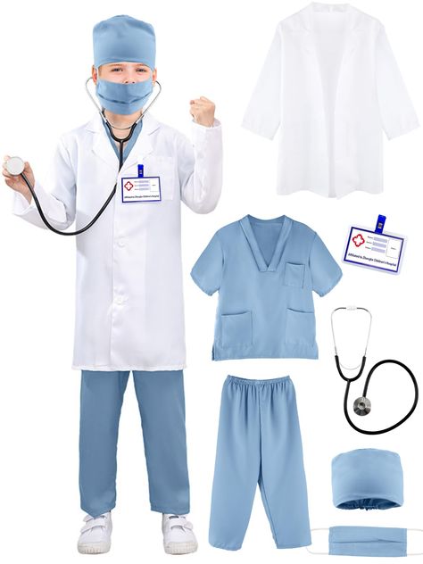 PRICES MAY VARY. Size Details: the length of these little doctor costumes ranges from 43.31-66.93 inches/110-170cm, suitable for boys and girls aged 5-16, please choose the right size before purchasing Quality Material: this little doctor surgery costume set is made of spandex and cotton, the fabric is soft, durable and comfortable, the medical toy props set is made of plastic and metal, exquisite workmanship, lightweight and does not take up much space, stylish and beautiful, very suitable for Surgical Gown, Medical Stethoscope, Toddler Fancy Dress, Dress Up Halloween, Pretend Play Costumes, Doctor For Kids, Baby Costumes Girl, Doctor Outfit, Doctor Costume