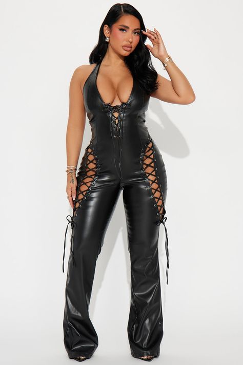 Available In Black And Tan. Faux Leather Jumpsuit Halter Lace Up Deep V-Neck Cut Out Flare Leg Shell: 50% Viscose 45% Polyurethane 5% Spandex Imported | Got A Crush Faux Leather Jumpsuit in Black size XS by Fashion Nova Black Leather Jumpsuit, Female References, Stephanie Rao, Fashion Nova Jumpsuit, Gal Gadot Wonder Woman, Leather Jumpsuit, Leather Cuts, A Crush, Jumpsuit Black