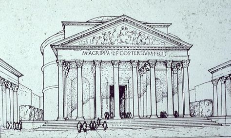 Reconstruction drawing of the exterior of the Pantheon. The Pantheon Drawing, Pantheon Sketch, Pantheon Drawing, Greece Drawing, Greek Pantheon, The Pantheon, Pen Art Drawings, Roman Architecture, City Drawing