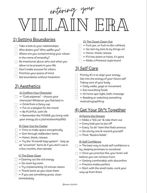 How To Set Standards For Yourself, Villain Era Checklist, Entering Your Villain Era, Villain Era, Practicing Self Love, Self Care Bullet Journal, Writing Therapy, Hot Girl Summer, Get My Life Together