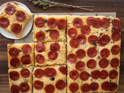 Upside-Down Pepperoni and Cheese Focaccia Recipe | Food Network Kitchen | Food Network Cheese Focaccia, Pepperoni And Cheese, Focaccia Recipe, Giada De Laurentiis, Pastry Brushes, Kitchen Food, Dry Yeast, The Ranch, Food Network