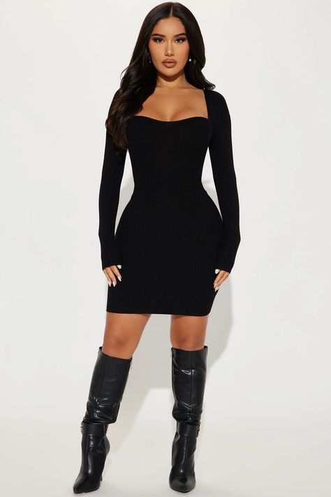 Sweater Dress Outfit With Boots, Janet Guzman Fashion Nova, Black Sweater Dress Outfit, Female References, Spring Ootd, Sweater Mini Dress, Mexican Fashion, Janet Guzman, Black Sweater Dress