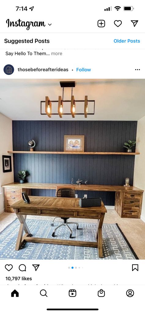 Beadboard Office, Men’s Home Office, Blue Home Offices, Masculine Office, Small Office Design Interior, Small Office Design, Dark Blue Walls, Backdrop Wall, Small Home Offices