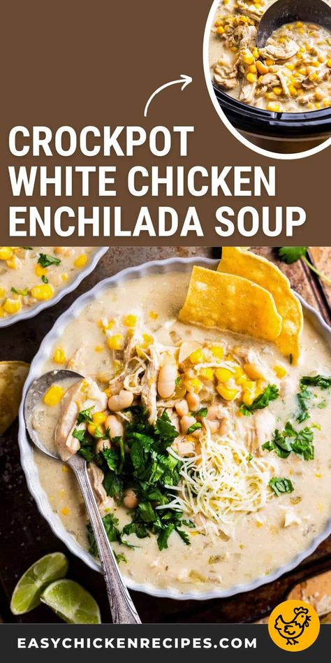 This super flavorful crockpot white chicken enchilada soup recipe is made with 10 ingredients and 10 minutes of prep-- the rest is hands-off! Crockpot Enchiladas Chicken, Meal Prep Soups, White Chicken Enchilada Soup, Chicken Enchiladas Soup, White Chicken Soup, Meal Prep Soup, Enchiladas Soup, Crockpot Enchiladas, Chicken Enchilada Soup Crock Pot