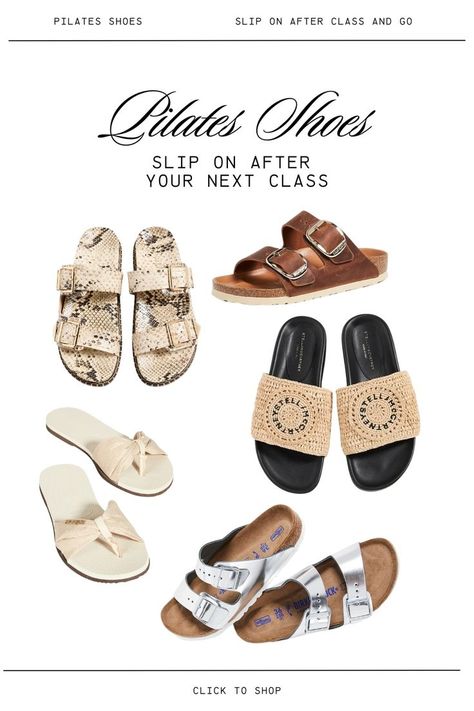 A graphic featuring the top 5 sandals perfect for slipping on after a Pilates class, highlighting their comfort and style. Pilates Shoes, Pilates Fashion, Pilates Clothes, Post Workout, How To Stay Motivated, Birkenstock, Pilates, Workout Clothes, Fitness Fashion