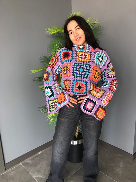 Granny Square Turtleneck, Granny Square Pullover, Crochet Turtleneck Sweater, Crochet Turtleneck, Square Sweater, Patchwork Knit, Granny Square Sweater, Crochet Cardigan Sweater, Handmade Sweater