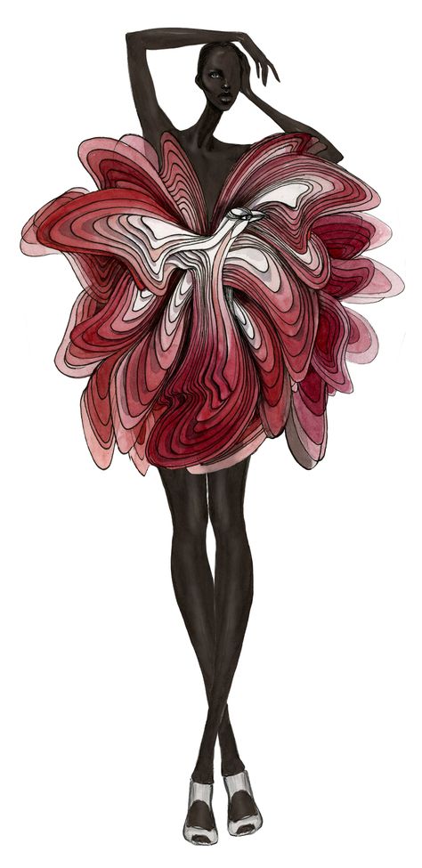 Couture Illustration Fashion, Iris Van Herpen Shift Souls, Iris Van Herpen Research Page, Fashion Illustration Pleats, Iris Van Herpen Artist Research Page, Iris Van Herpen Fashion Illustration, Iris Van Herpen Sketchbook Gcse, Interesting Fashion Design, Photoshop Fashion Design