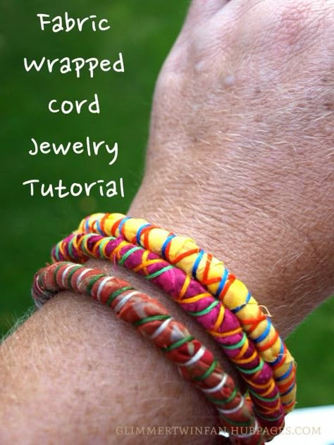 These bright fabric wrapped cord bracelets are the perfect accessory for almost any outfit.  This easy to follow tutorial shows you how to make them. Upcycled Accessories, Bright Fabric, Fabric Bracelets, Bright Fabrics, Fibre And Fabric, Cord Jewelry, Fiber Jewelry, Fabric Necklace, Jewelry Techniques