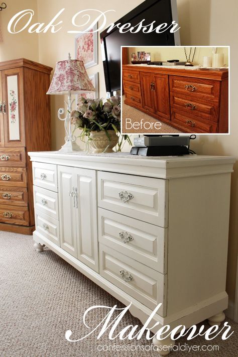 This was a dated oak dresser that was brought to life with DIY chalk paint! Cherry Bedroom Furniture, Grey Bedroom Furniture, Oak Bedroom Furniture, Bedroom Furniture Makeover, Painted Bedroom Furniture, Oak Dresser, Diy Chalk, Dressers Makeover, Oak Bedroom