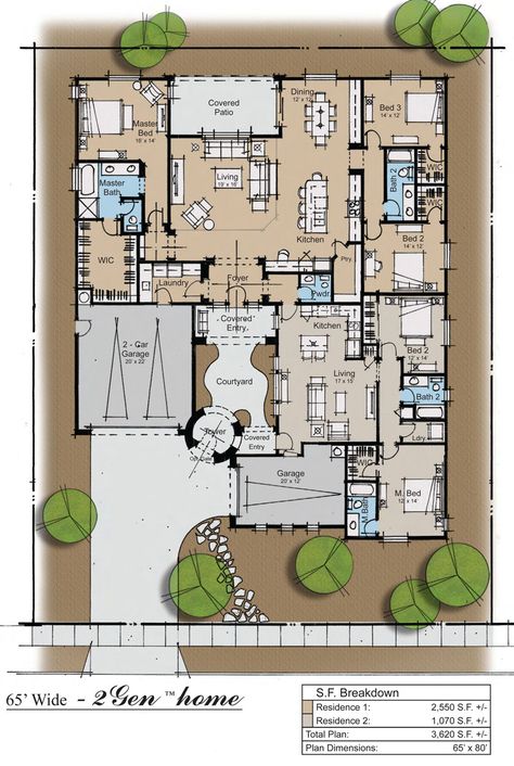 2Gen ranch house Plan.  Would need to move garage so as to provide more light to apartment. Compound House, Multigenerational House Plans, Multigenerational House, Ranch House Plan, Family House Plans, Home Floor Plans, Architect House, New House Plans, Plan Ideas